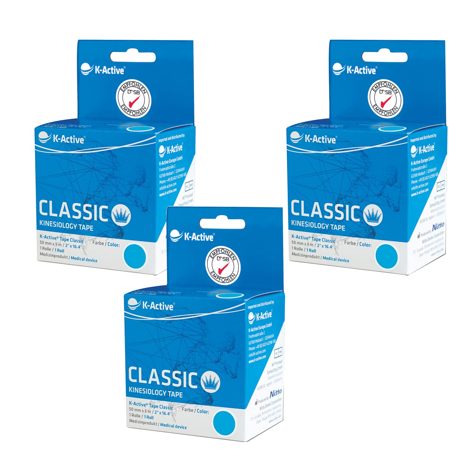 K-Active Kinesiology Tape Classic BLUE, water repellent and hypoallergenic, 50 mm x 5 m, 3 Roll