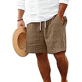 ROOMLINE Mens Linen Shorts Flat Front Casual Elastic Waist Drawstring Summer Beach Vacation Shorts with Pocket(9Inch)