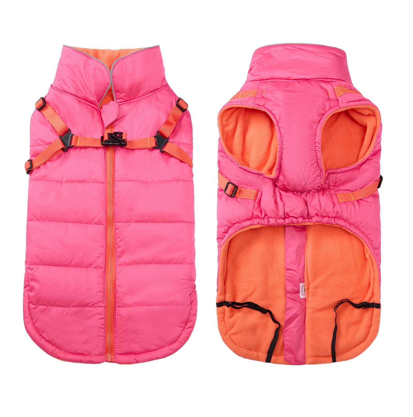 babepet Waterproof Dog Coat with Harness,Dog Winter Jacket with Fleece Lining,Reflective Vest Pet Clothes with Adjustable Chest Strap-Pink-L