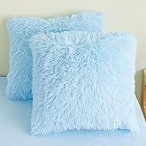 HAIHUA Faux Fur Blue Throw Pillow Covers, Fluffy Soft Fuzzy Decorative Pillow Cases Cute Pillowcases for Home Bedroom Living Room, Zipper Closure, Set of 2 (Blue, 18"x 18")