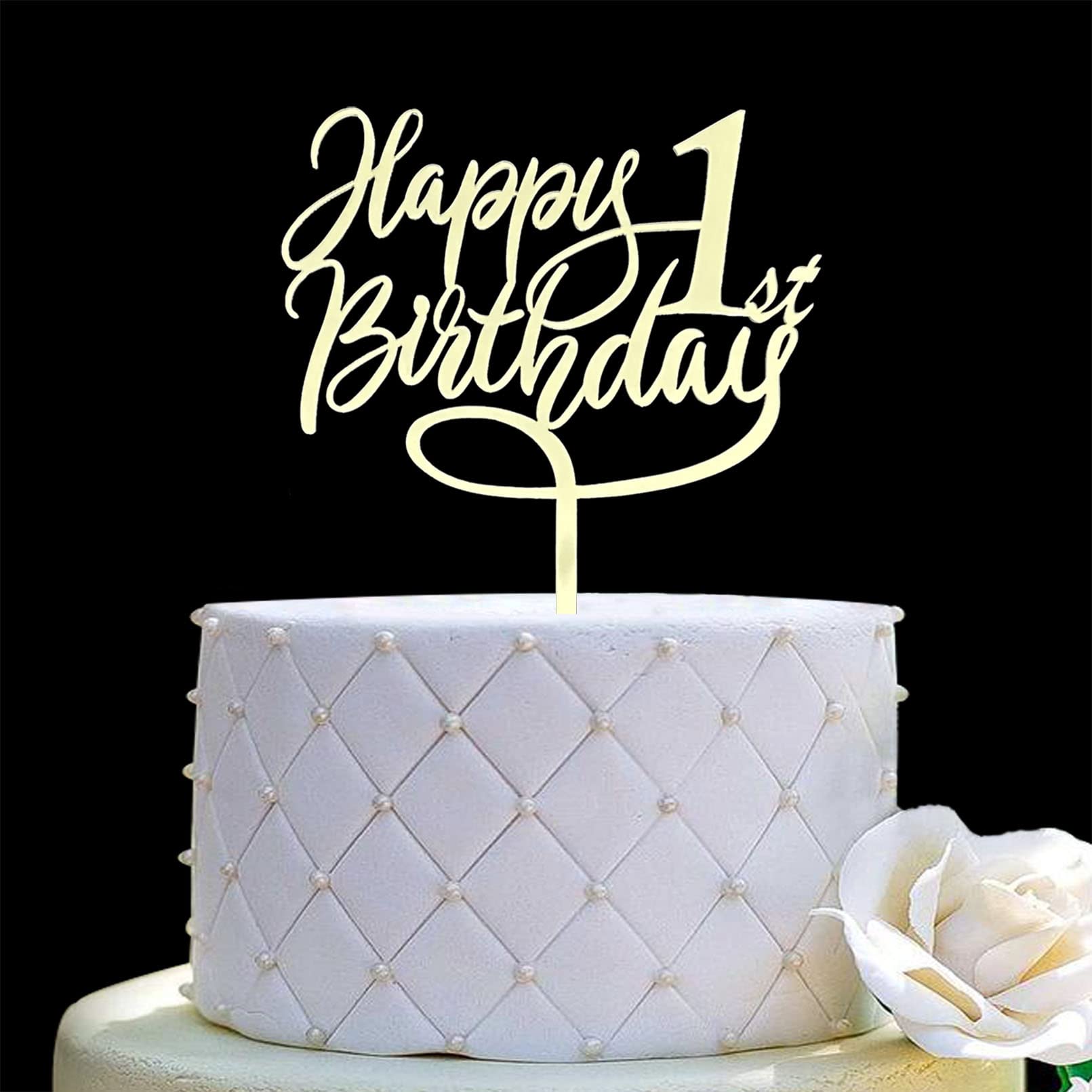 Photo 1 of JIEEIN Happy 1st Birthday Cake Topper - 1st / First Birthday, Company 1st Anniversary Party Decoration - Mirror Gold Acrylic