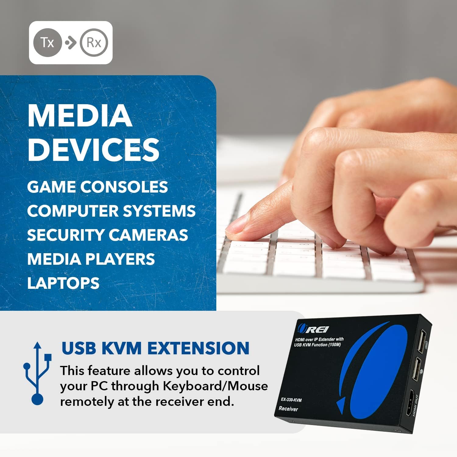 OREI KVM Over IP HDMI Extender Over LAN, Single CAT5e/CAT6A/CAT7 Cable Output1080p PC Control - Up to 330 Ft - Remote Keyboard Mouse USB Control - Over Home Network