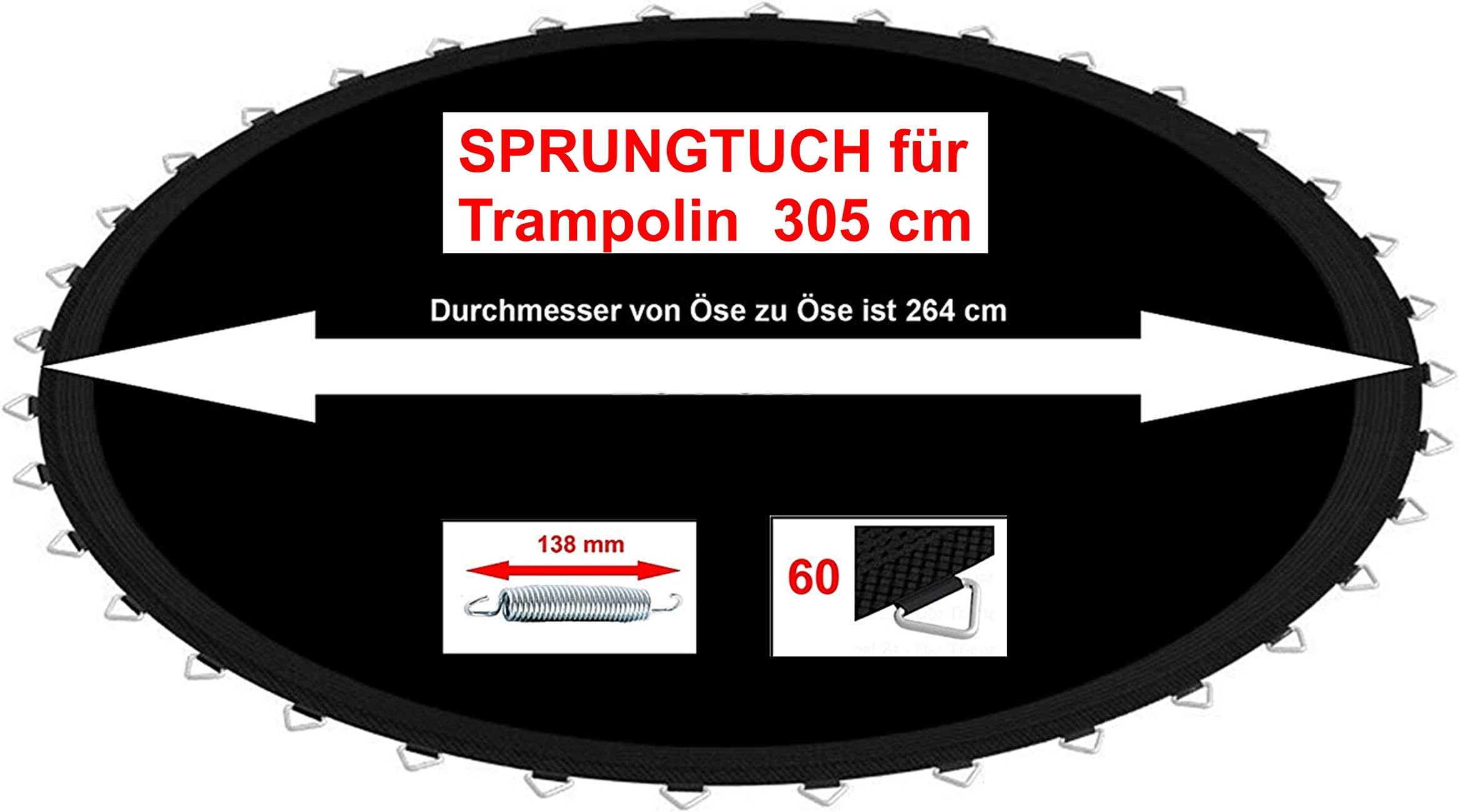 Sprunguch for Ø 305 cm, 60 V-Rings (or), Universal for many brands Jumping Trampoline Net Webbing PP Mesh Weatherproof, Feathers 13 13.8 cm Maximum Load 180 kg, Trampoline Jumping Mat, Garden Trampoline, Kids Izzy RCEE Sport