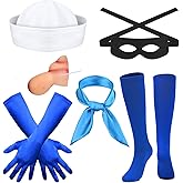 Kuscul 6 PCS Halloween Sailor Costume Include Sailor Hat Scarf Nose Gloves Socks and Mask for Men Women Cartoon Character Dress Up