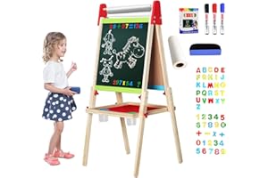 GIMILIFE Easel for Kids, Gimlife White Board Art Easel Chalkboard Double-Sided Dry Erase Whiteboard & Chalkboard Standing for Kids with Easel Paper Roll for Children Toddler Boys Girls Drawing Painting