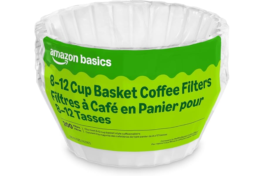 Amazon Basics Basket Coffee Filters for 8-12 Cup Coffee Makers, White, 200 Count, Packaging May Vary