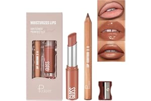 PUDAIER 2Pcs Lip Liner and Lipstick Combo, Highly Pigmented Lip Liner and Lipstick Set for women, Long Lasting Matte Lip Pencil and Hydrating Lip Balm Lip Gloss Makeup Kits with Sharpener