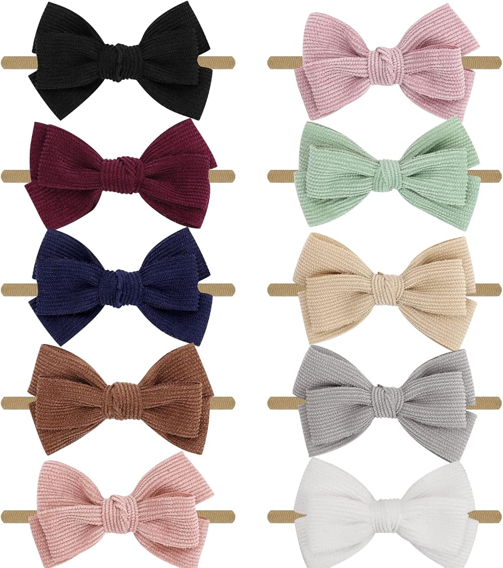 DRESHOW 10 Pack Baby Girl Headbands and Hair Bows Nylon Assorted Colors