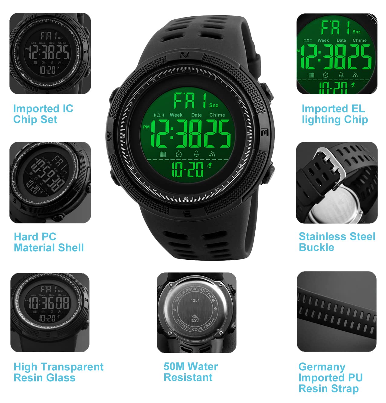 RSVOM Herren Digitaluhren - 50M wasserdichte Herren Digital Sport Uhren, Schwarz große Gesicht Militär Sportuhr LED Armbanduhr für Männer mit Wecker/Count-down-Timer/Doppelzeit/Stoppuhr/12/24H