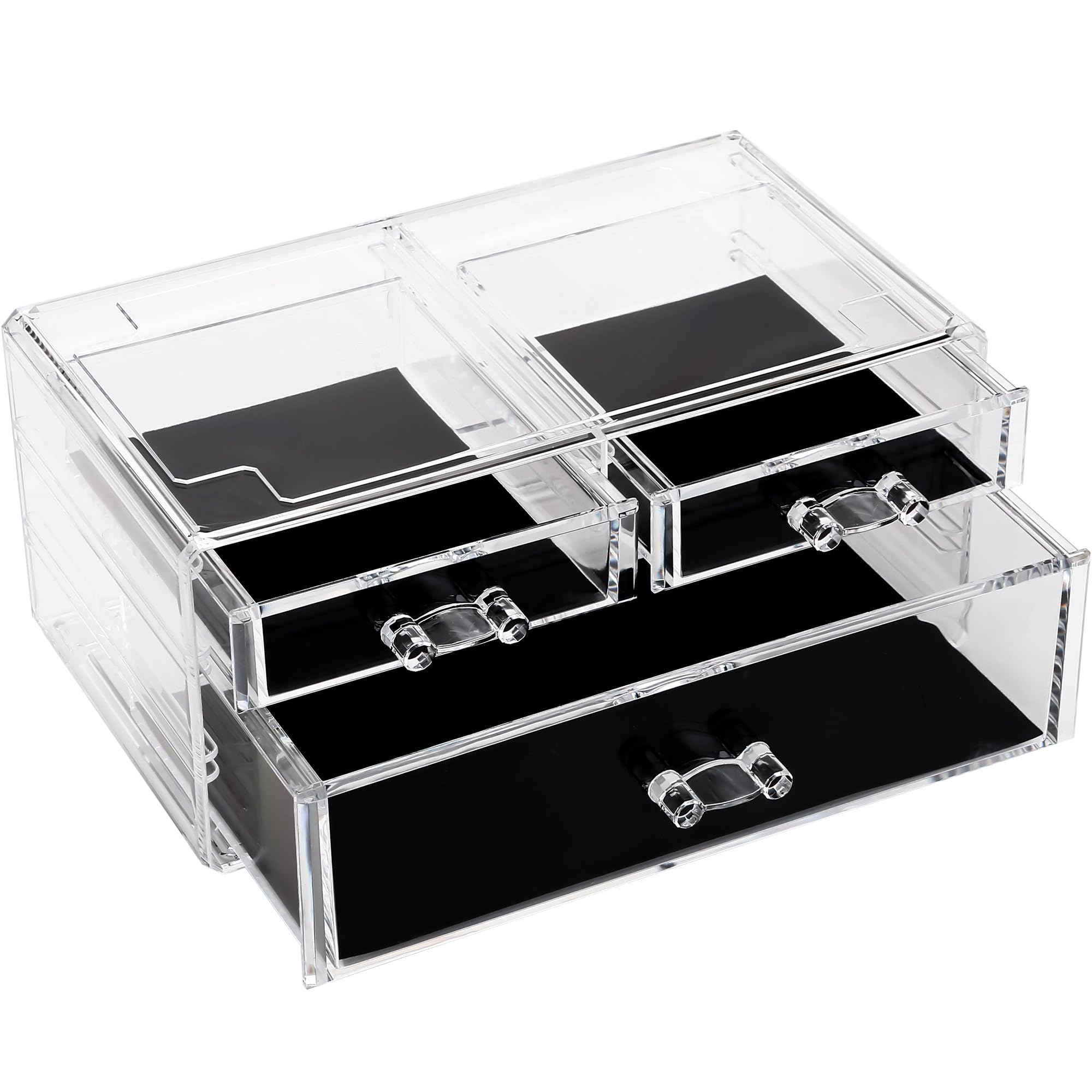 Sea Team Clear Makeup Organizer with Drawers, Acrylic Plastic Cosmetic Display Case, Jewelry Storage Box, Holder for Dresser, Bathroom, Vanity, Countertop (1 Large, 2 Small Drawers)