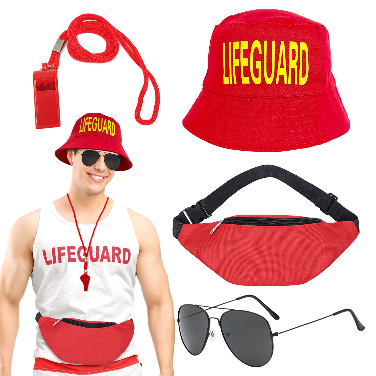 UILYNIU 4 Pieces Lifeguard Costume, Guard Bucket Hat Whistle Sunglasses Waist Bag, Sun Hat Beach Costume, Sunscreen Hat for Adults Kids Lifeguard Accessories Fancy Dress Up Men Women Pool Party (4PCS)