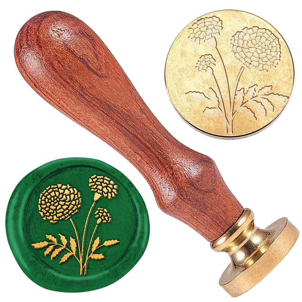 DELORIGIN Marigold Flower 1" Wax Seal Stamp Vintage Sealing Stamps Removable Brass Head Seal Stamp with Wooden Handle Sealing Wax for Envelope Card Letter Wedding Invitations Gift Wrapping Decor