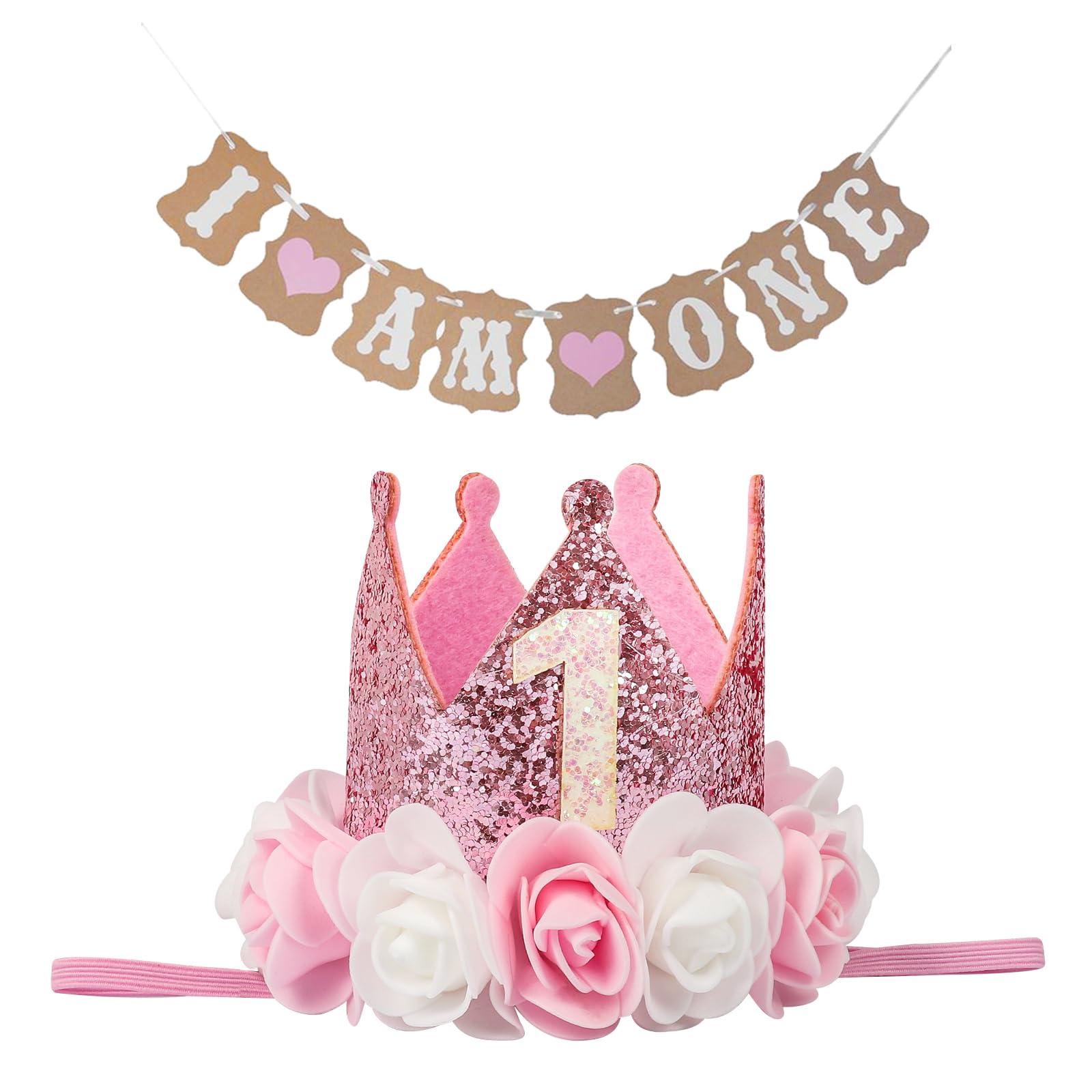 KufaerBeam First Birthday Crown Hat and Flag for Baby Girls, 1st Birthday Crown Hat Decorations with Cute Floral, Headband Gift Photo Prop for Baby Parties (Pink)