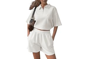 Glamaker Women's Casual 2 Piece Outfits Half Zip Summer Short Sets Sweatsuits Short Sleeve Crop Top Tracksuit