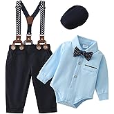 ZOEREA Baby Boy Suit 0-24M Gentleman Outfit Clothes Set Infant Long Sleeve Dress Shirt+Suspender Pants+Bowtie+Beret Hat