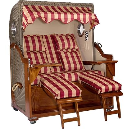 Luxus Mahagoni XXL Strandkorb Volllieger für 2 Personen aus Hartholz Rot-Beige Kariert- Aufgebaut und Einsatzbereit Strandkor