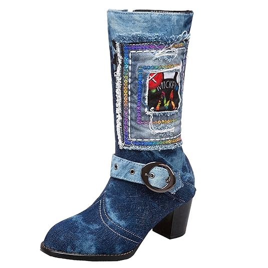 YE Damen Blockabsatz Kurzschaft Stiefel Jeans Damen Denim Boots mit Reißverschluss Retro Herbst Winter Schuhe