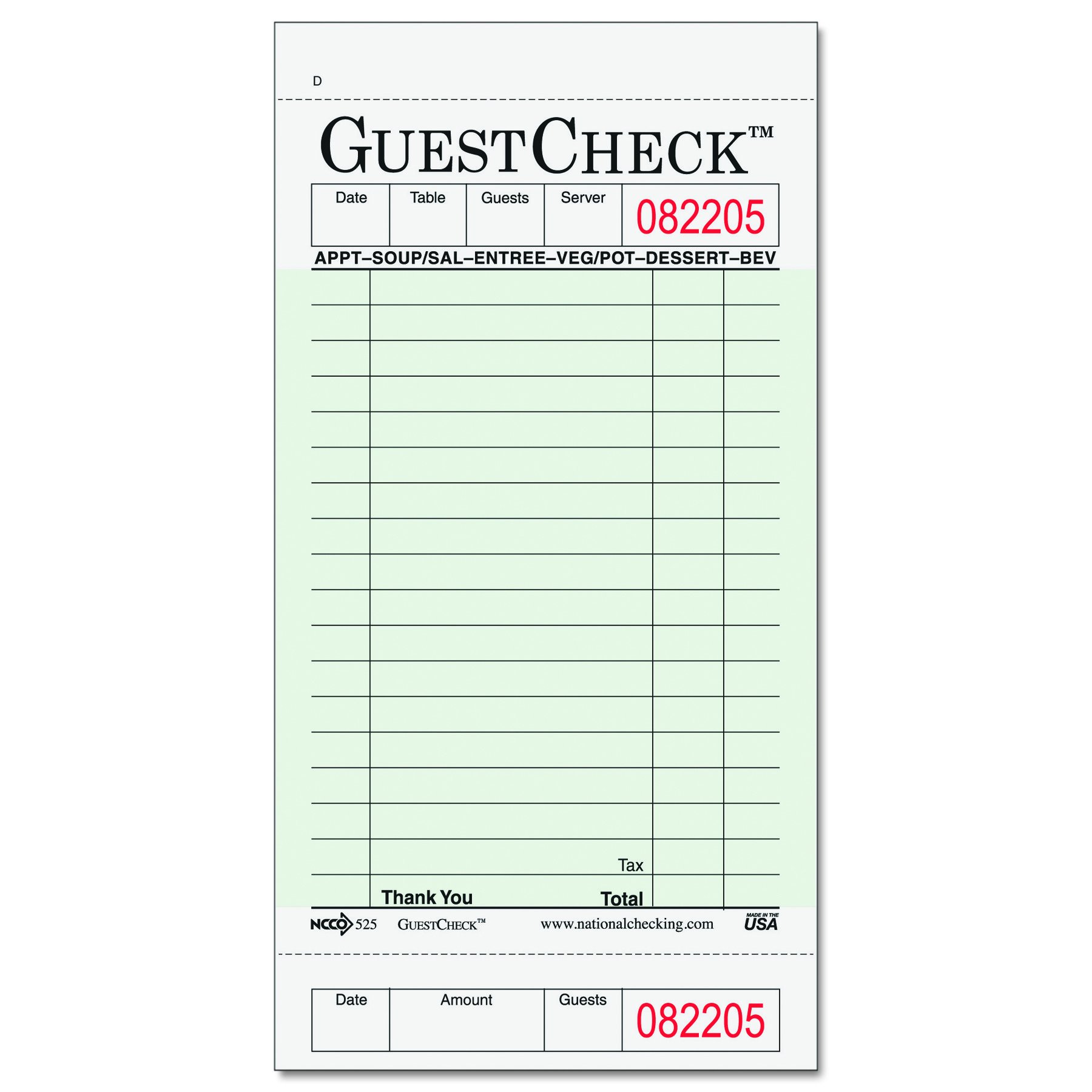 National Checking Company 525 Guest Check Pad, Receipt Stubs, 3 1/2 x 6 3/4, One-Part Carbonless, 50 Forms (Case of 2500 Sheets)