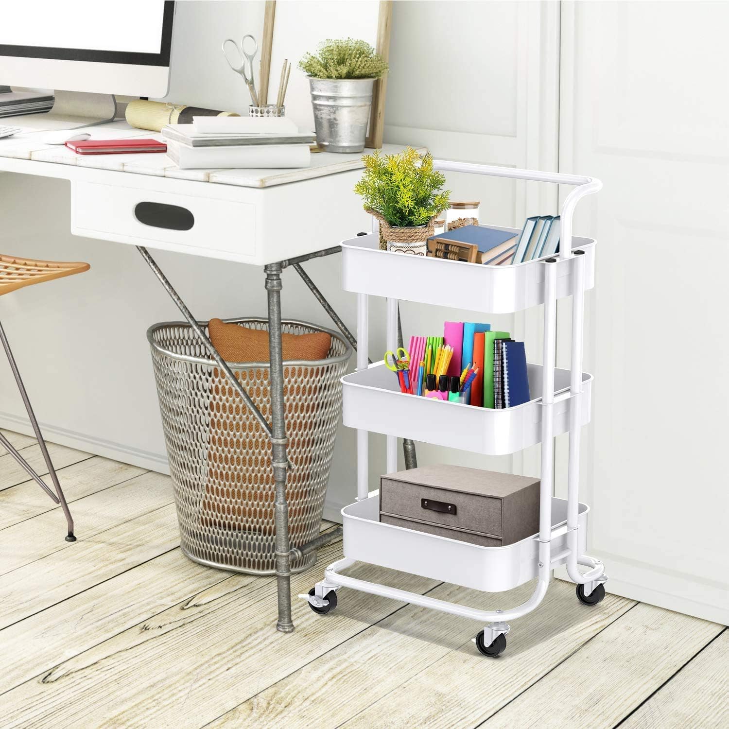 Pipishell 3-Tier Rolling Utility Cart, Multifunctional Metal Organization Storage Cart with 2 Lockable Wheels for Office, Home, Kitchen, Bedroom, Bathroom, Laundry Room (White): Home & Kitchen