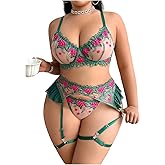 SOLY HUX Women's Plus Size Garter Lingerie Sexy Floral Mesh Push Up Bra and Panty Thongs Nightwear