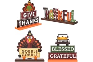 EUNVABIR 4 Pcs Thanksgiving Centerpieces for Tables Decorations, Wooden Thanksgiving Table Decorations Indoor Pumpkin Turkey Signs, Harvest Autumn Fall Decor Set for Home Office Party Farmhouse Desk Fireplace