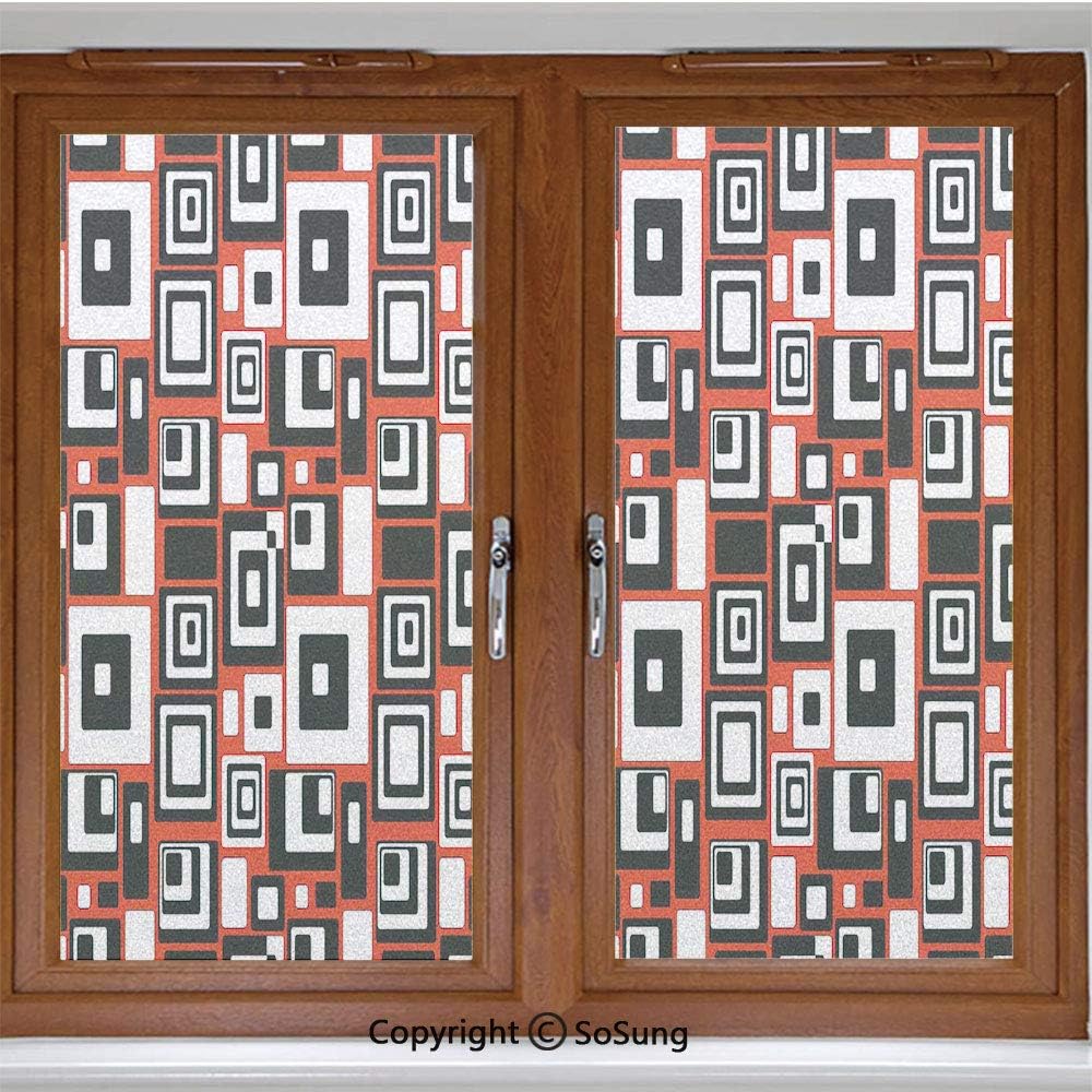 18x42 inch Decorative Static Cling Frosted Privacy Window Film,Minimalist Geometric Figures Retro Rectangle Forms Nostalgia Art Print Decorative Glass film for Window Glass Panels,UV Protection,Energy