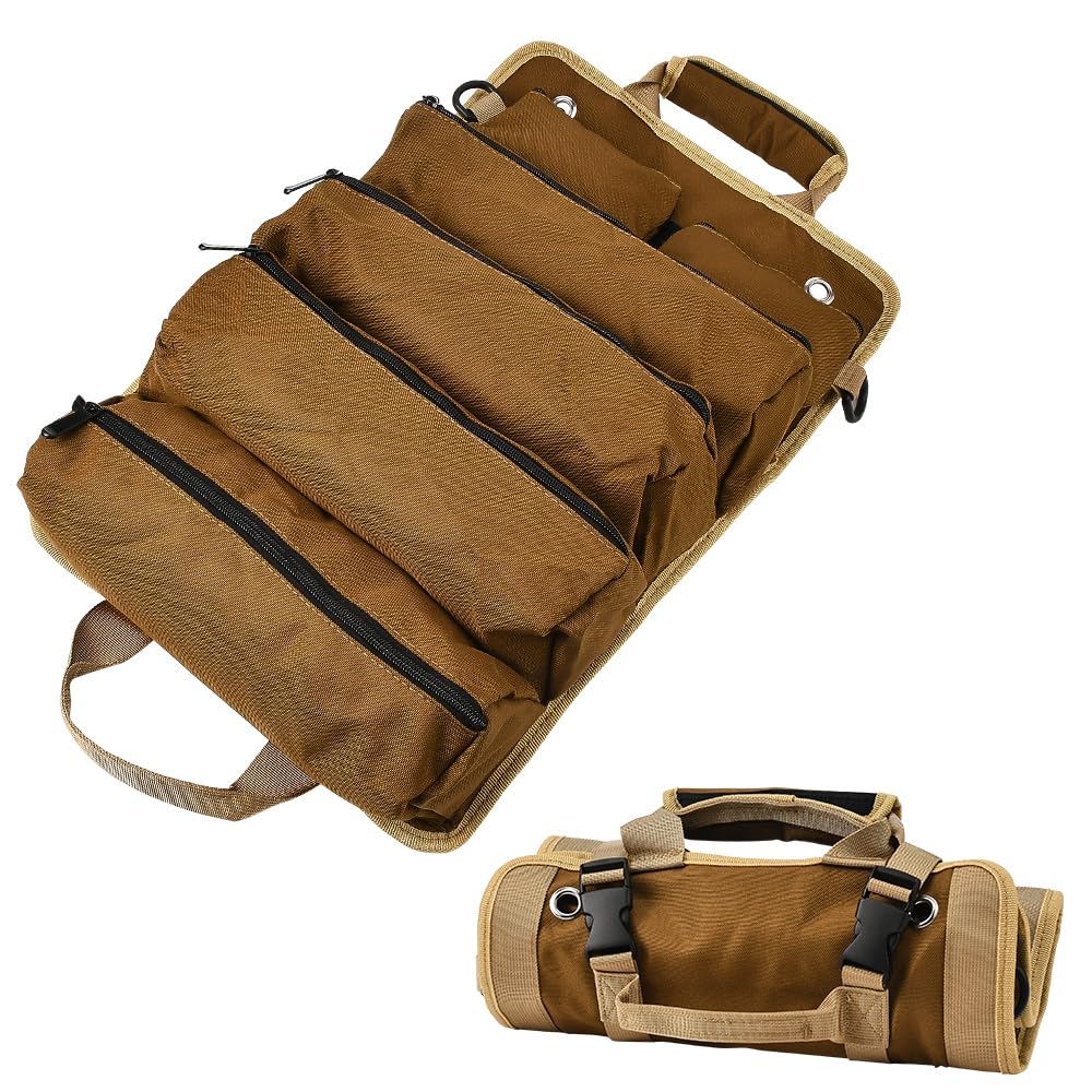 JSCARLIFE Tool Bag Roll Up, Heavy Duty Tool Organizer Portable Tool Storage Bag with 2 Detachable Multi-Pocket Tool Pouch Compact Carrier Bag for Electrician Mechanic, Father Day Dad Gift (Khaki)