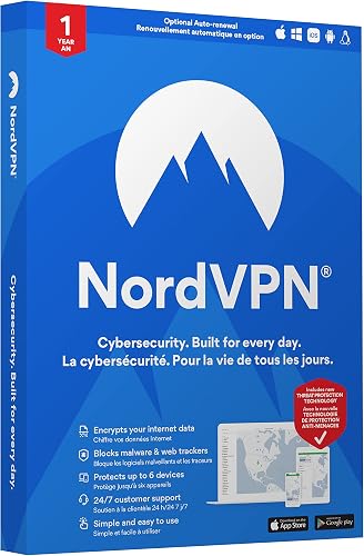 NordVPN Standard - 1-Year VPN & Cybersecurity Software Subscription for 6 Devices - Block Malware, Malicious Links & Ads, Protect Personal Information [Physical Box]