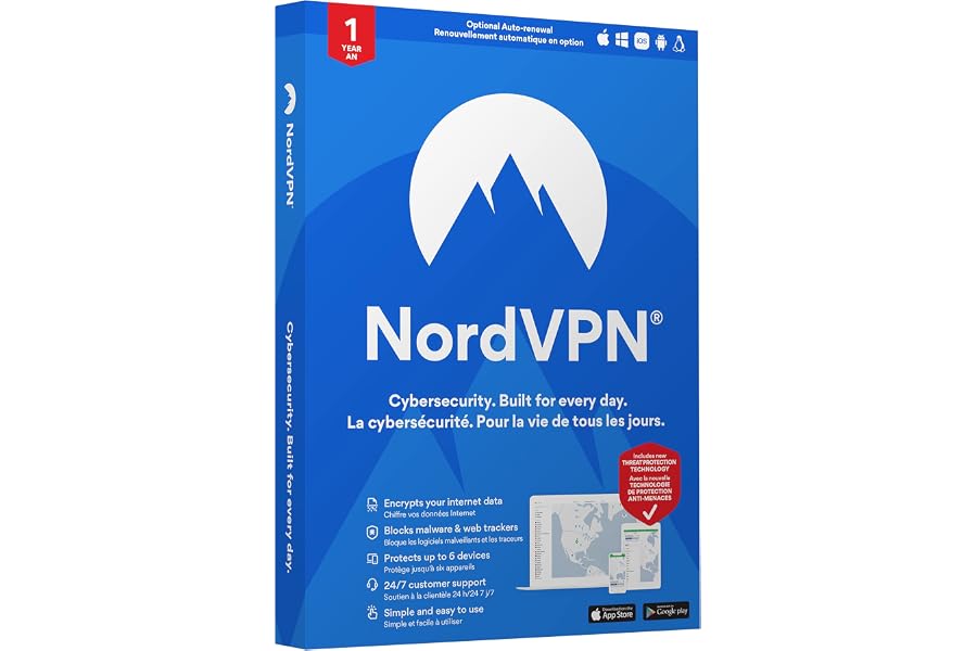 NordVPN Standard - 1-Year VPN & Cybersecurity Software Subscription for 6 Devices - Block Malware, Malicious Links & Ads, Pro