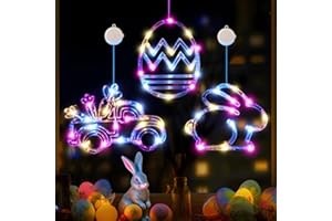 LOLStar Easter Window Lights, Easter Decorations, 3 Pack Easter Egg Carrot Truck and a Bunny Shaped Multicolor Hanging LED Lights with Suction Cup, Battery Operated Indoor Lights with Timer, Slow Fade