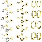Hypoallergenic Flat Back Earrings for Women Men Surgical Steel Earrings for Sensitive Ears 14K Gold Small Stainless Steel Stud Hoop Earrings Flatback Cartilage Earring Set for Multiple Piercing Age: over 4 years old