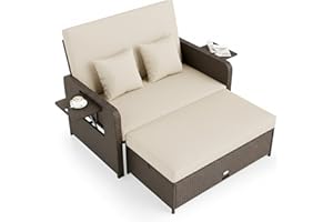 Tangkula Patio Rattan Daybed with 4-Level Adjustable Backrest, Outdoor PE Wicker Loveseat with Storage Ottoman & Folding Side Tray, Double Sunbed Lounger for Balcony, Backyard & Poolside
