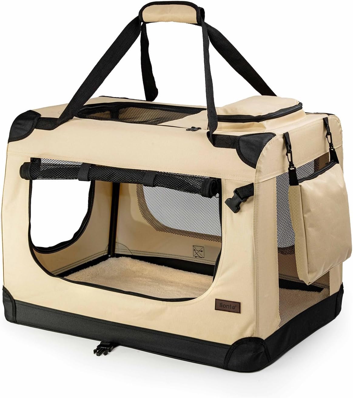 lionto Dog transport box foldable for travel & car, 70x52x50 cm, sturdy transport box with carrying handles & blanket for cats & dogs up to 15 kg, sturdy fabric dog box for small & large, beige