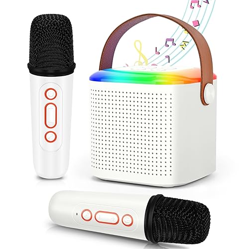 Paneerte Mini Karaoke Machine for Kids, Portable Bluetooth Speaker with 2 Wireless Microphones, LED Light and Voice Changing for Boys & Girls Party, White