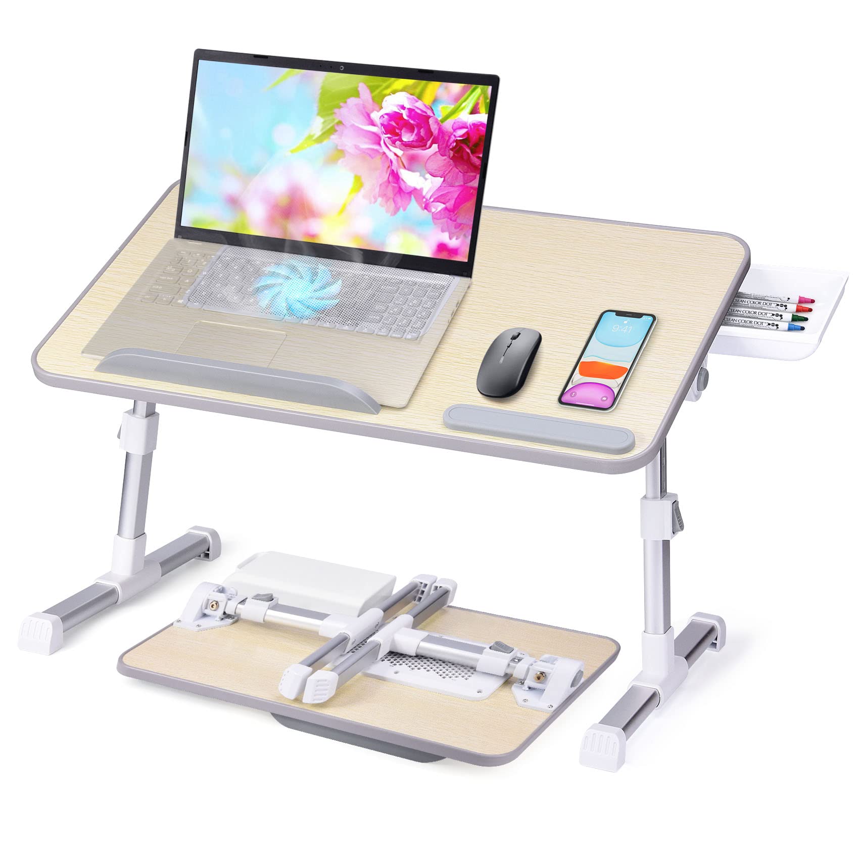 Slendor Laptop Desk Adjustable Laptop Stand Foldable Bed Table Portable Lap Desk Folding Notebook Stand Reading And Writing Holder Breakfast Tray With Drawer And Cooling Fan For Couch Sofa Floor