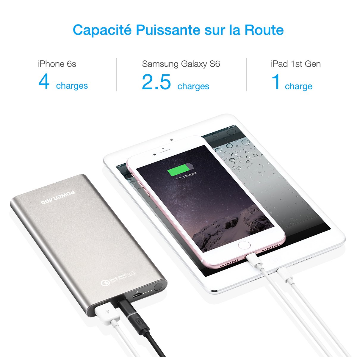 [Quick Charge 3.0] Poweradd 10 000 mAh USB Type-C Grande Capacité Chargeur Batterie Portable de Secours Externe avec sortie 4.8A pour iPhone, iPad, iPod, Samsung, et des autres téléphones(Adaptateur USB-C inclus)-Gris foncé