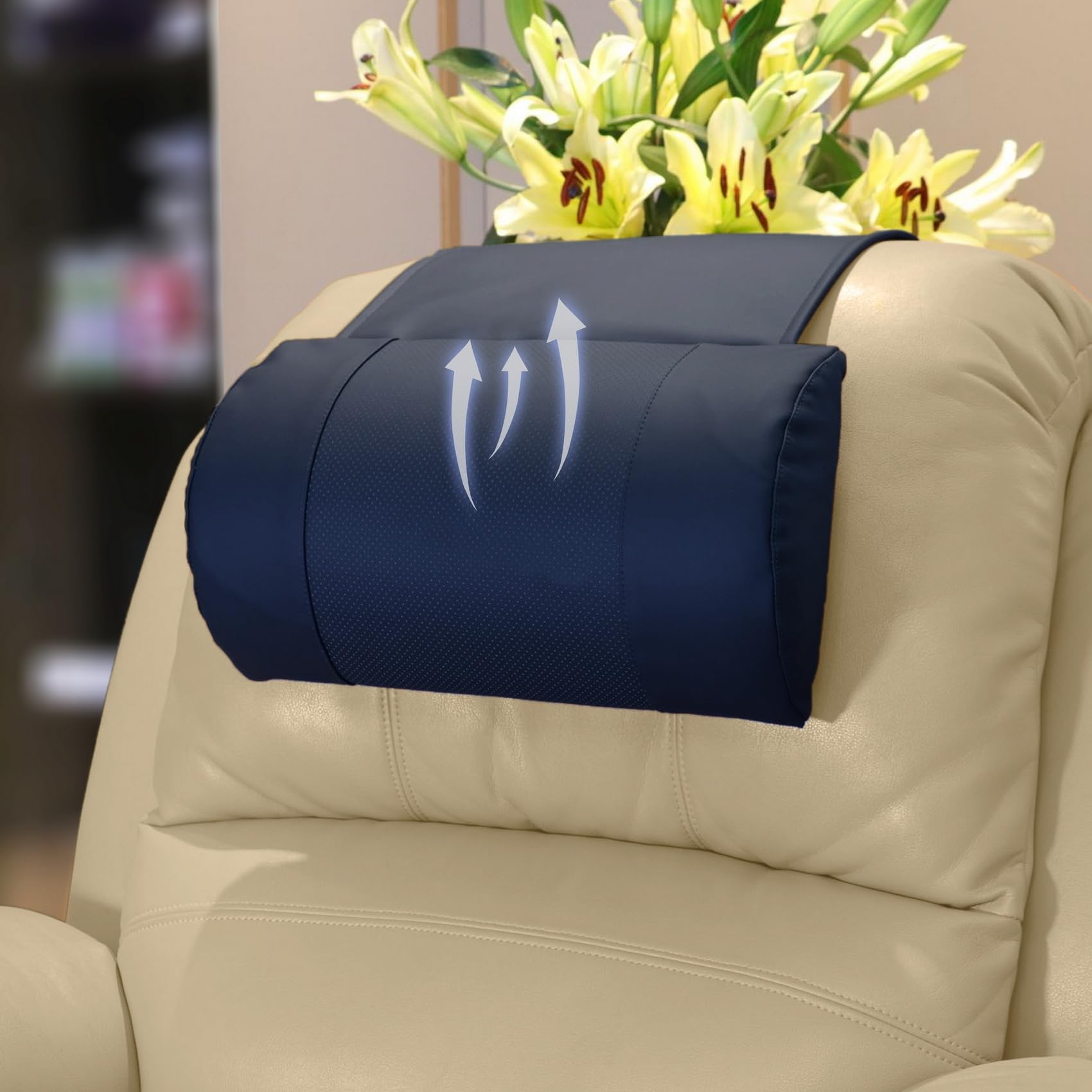 Photo 1 of AmazeCov Breathable Perforated Leather Neck Pillow with Non-Slip Memory Foam, Adjustable Support for Recliners, Sofas & Loveseats, Navy Blue