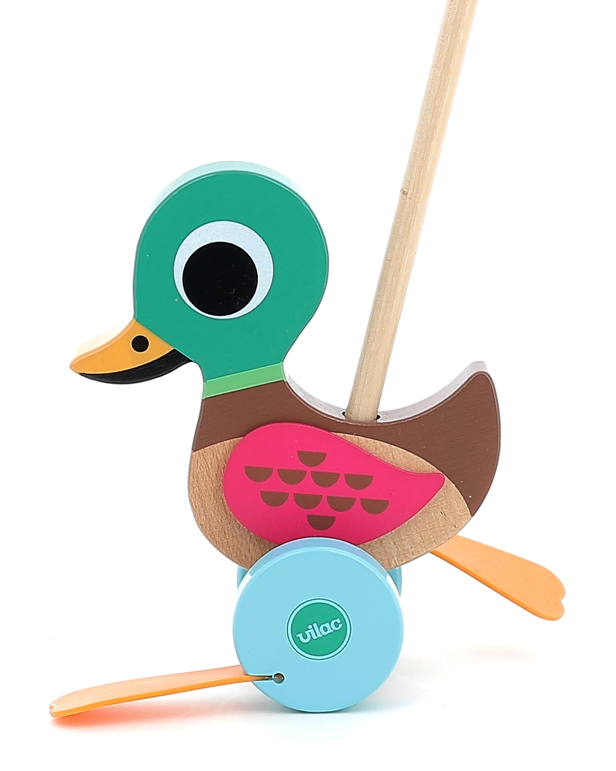 Vilac Push and Pull Wooden Duck Toy, Flip Flap Noise, Early Development Toy, Multicolored, 2 Years+