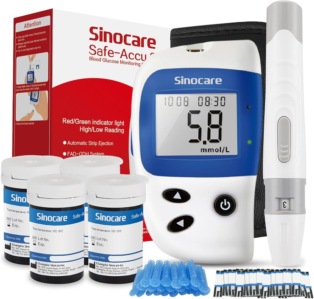 Sinocare Safe Accu2 Blood Glucose Monitor Kit 100 Strips UK mmol/L