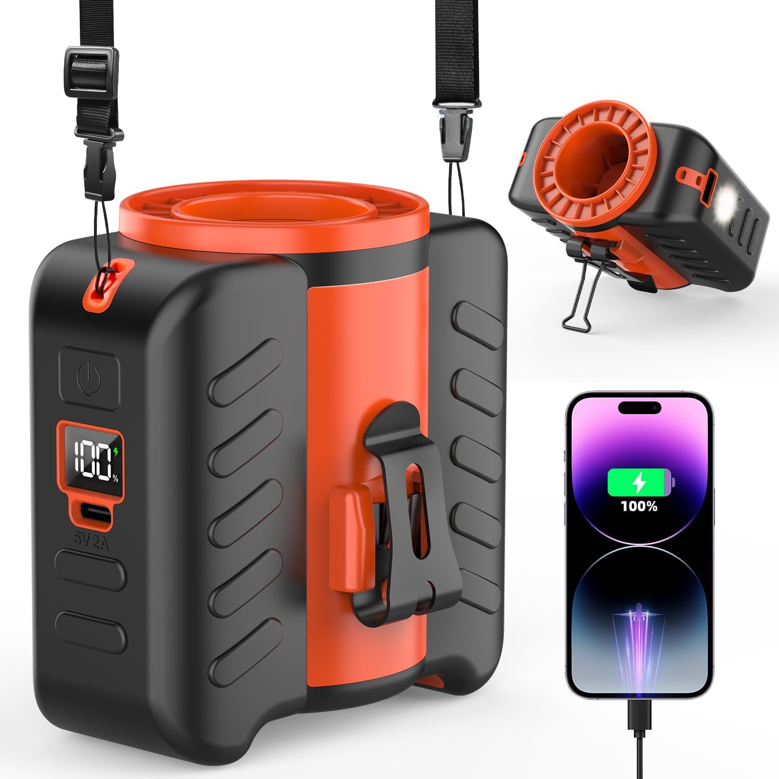 Powerful and Lightest Portable Waist Fan Clip on Belt with Strong Airflow, Wearable Personal Mini Neck Fan Rechargeable, 5 Speeds with Lights, 67H Cooling for Outdoor Camping Travel