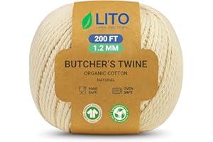 LITO LINEN AND TOWEL Organic Butcher’s Twine for Cooking & Trussing – 1.2mm Heavy-Duty Natural Cotton Kitchen Twine 200 Feet – Food-Safe, Oven-Safe String for Meat, Turkey, Baking, & Crafts