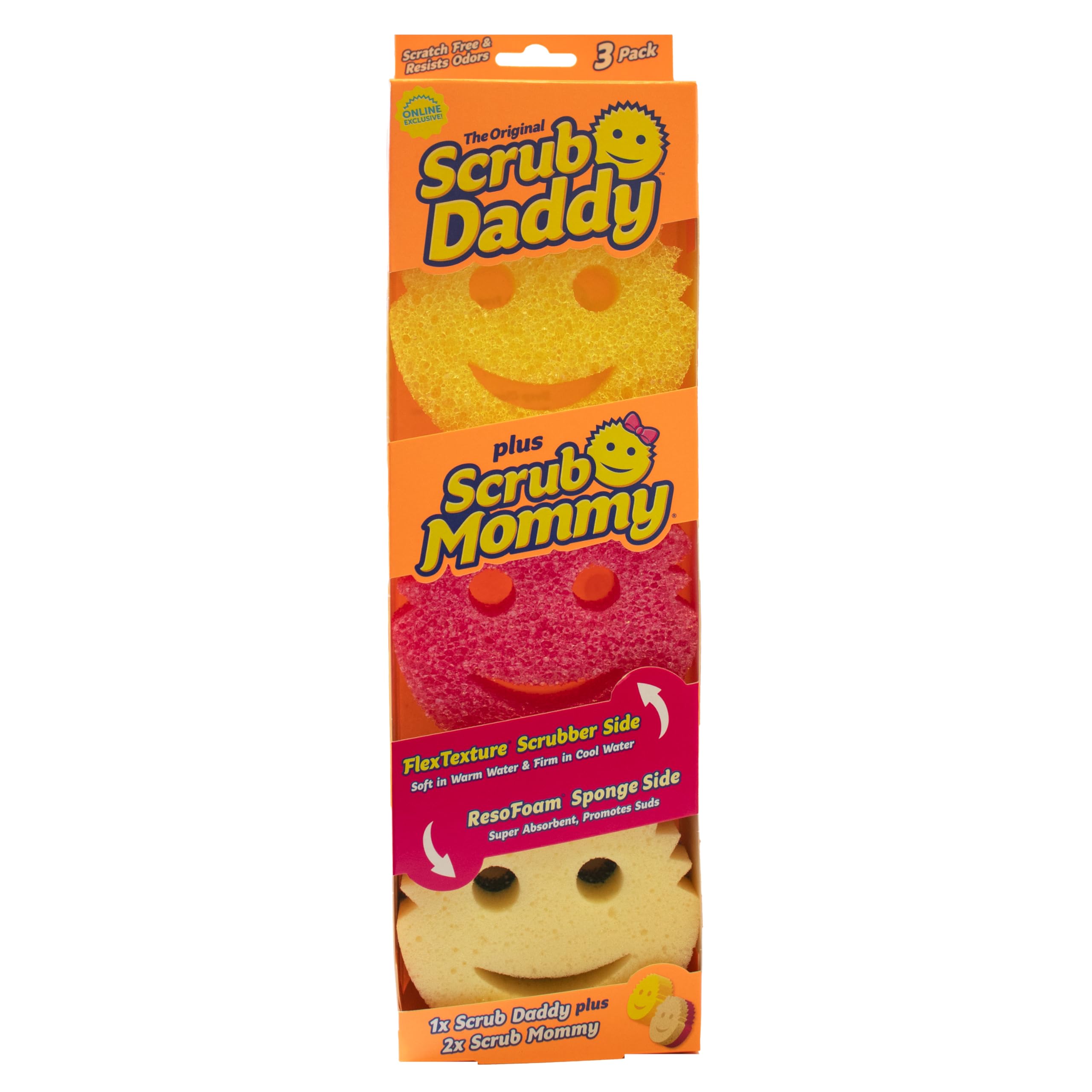 Scrub Daddy + Scrub Mommy 3 Pack - Smiley Face Sponges for Cleaning & Washing Up - Multipack Kitchen Non Scratch Scourers with FlexTexture Firm & Soft Scrubbing, Dishwashing Scrubber