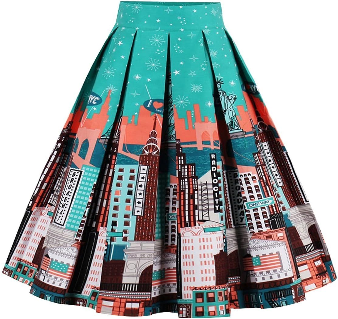 OBBUE Dresstore Vintage Pleated Skirt Floral A-line Printed Midi Skirts with Pockets Freedom-XX-L