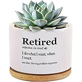 Loovelo Retired Definition Retirement Gifts Ceramic Succulent Plant Pot with Bamboo Tray Round Coworker Boss Home Office Decor Plant Lover 3.5 Inch White (No Plants)