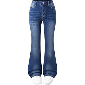 Zekujoy Girls Jeans Flare High Waist Bell Bottom Denim Pants Cute Y2K Stretch Flared Leg Streetwear with Pockets 7-14Y