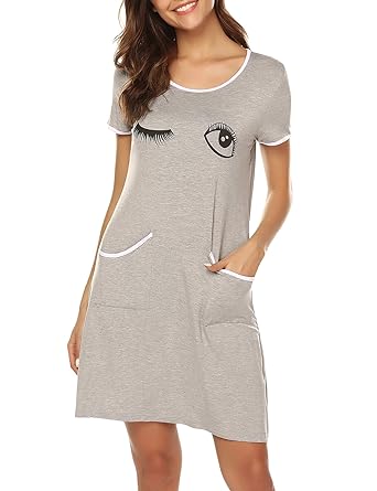 BESDEL Women's Sleepwear Modal Nightgown O-Neck Kurzarm Bedrucktes Nachthemd mit Taschen S-XXL