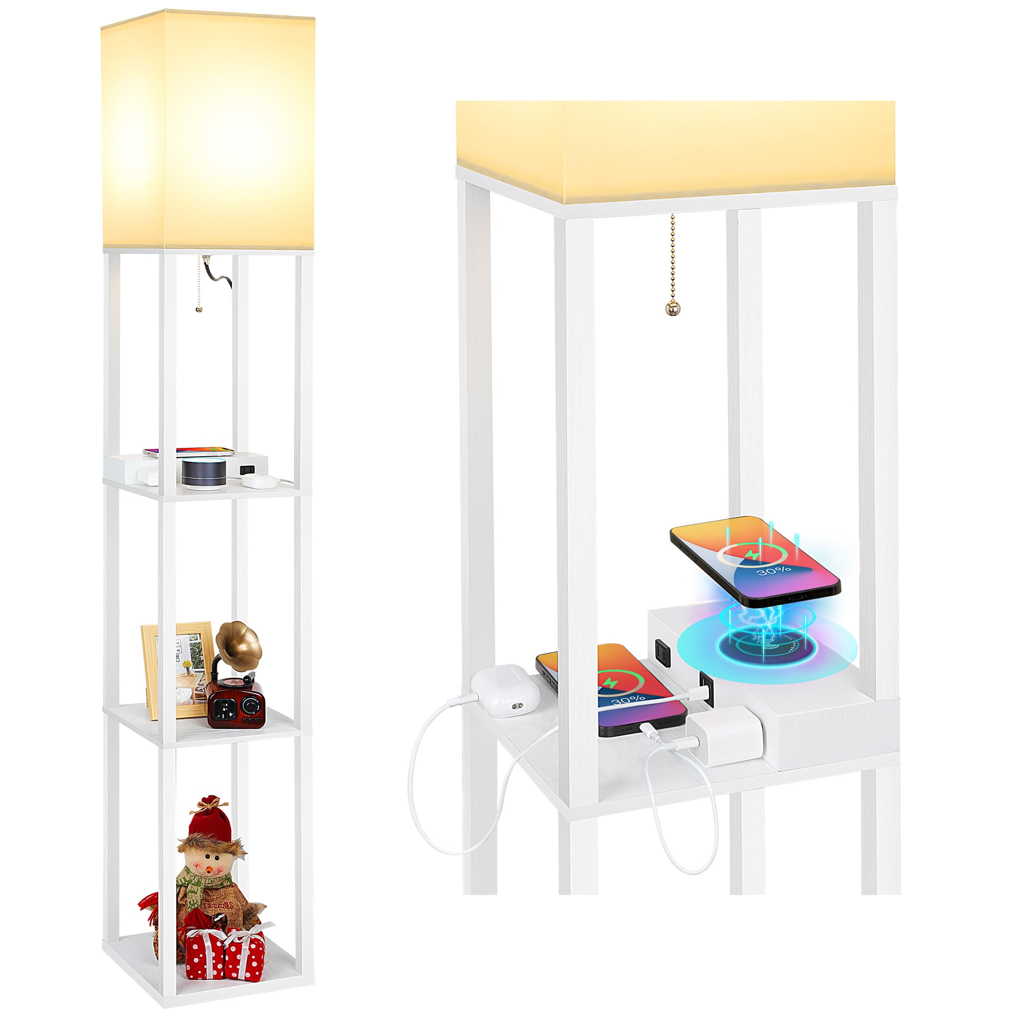 Mlambert Modern Shelf Floor Lamp with Wireless Charger & Fast Charging USB Ports & Type C Port & 2 Power Outlets,3 Tier Storage Lamp for Bedroom,White Image