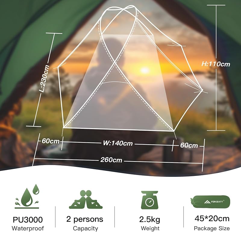 Tente 2-3 Pers. 4 Saisons | Idéal Camp/Rando | Portes Doubles, Imperméable, Coupe-Vent | Facile Installe/Transp. | 4 Couleurs, 2 Tailles