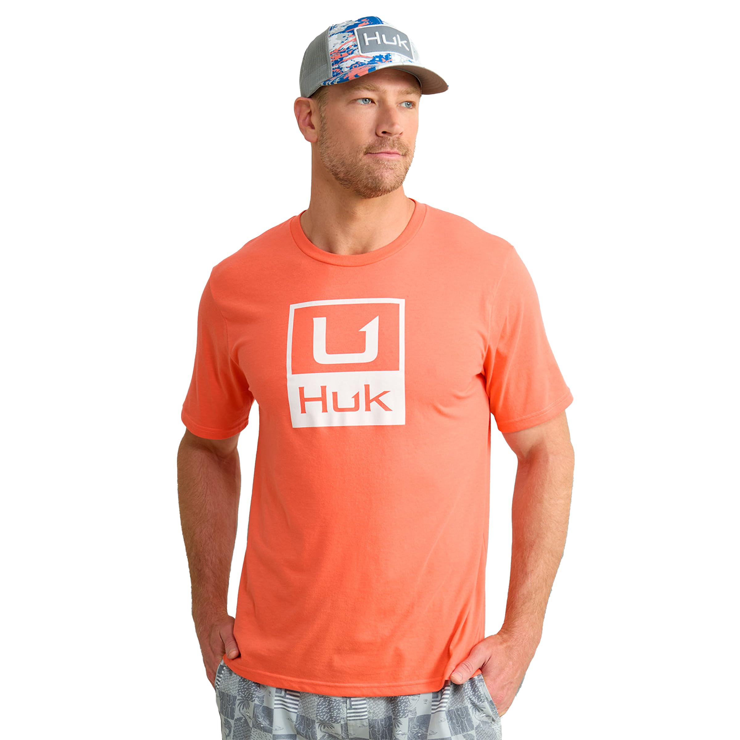 HUK - Mens Performance Fishing Logo Tee, Short Sleeve, Quick-Dry, Stacked Logo - Fresh Salmon, Medium Image