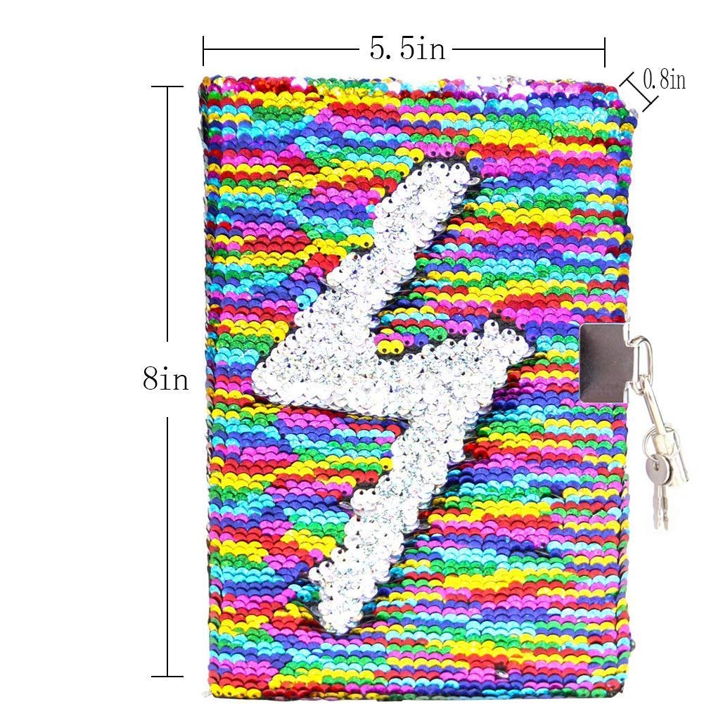 Fanovo Sequin Notebook, Unicorn Journal, Mermaid Reversible Sequin Diary with Lock and Key, Size A5 (8.5” x 5.5”) , + 1 Sheet Photo Corner + 2 Pens (Rainbow-with Lock)